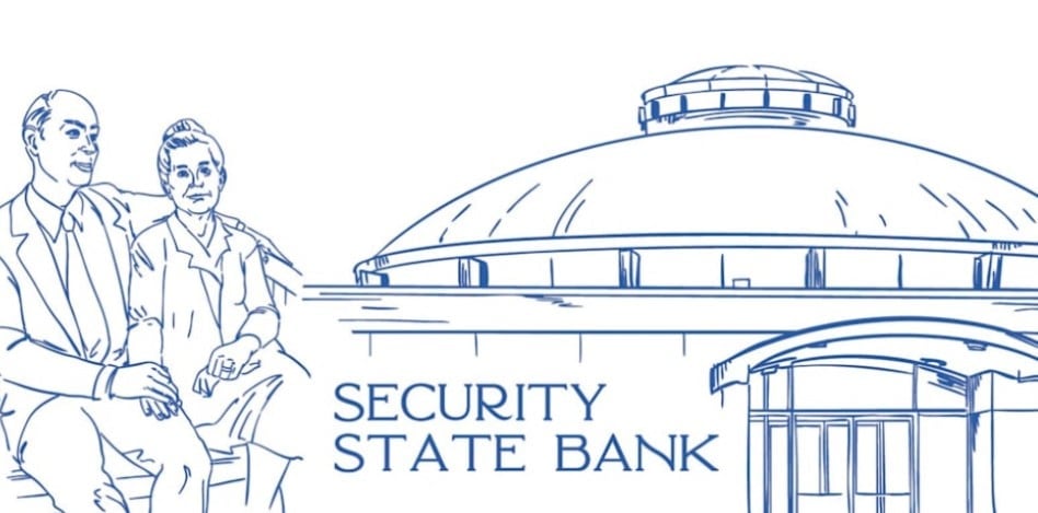 Security State Bank logo featuring two men in business attire and a domed bank building illustration